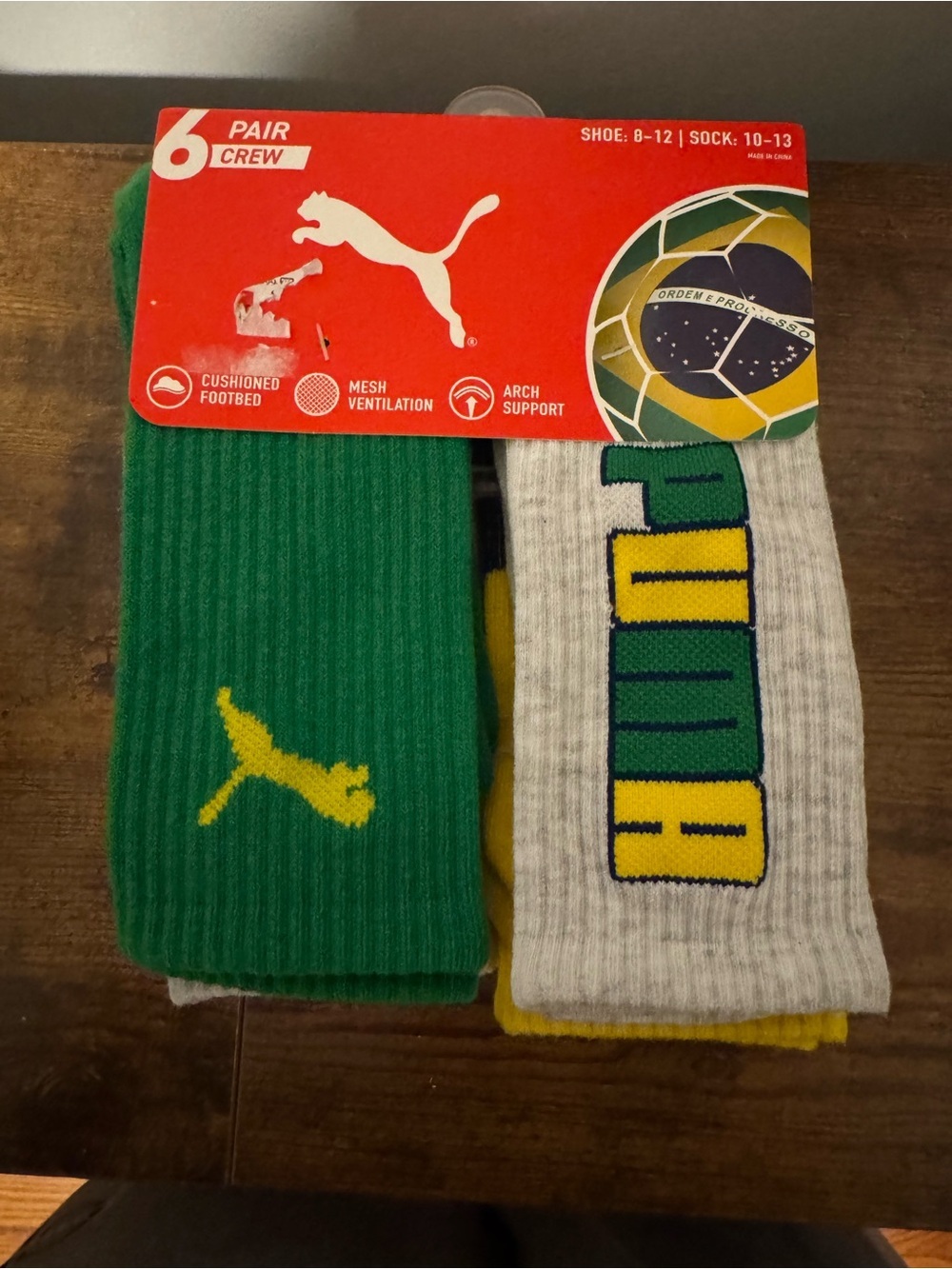 Puma Brazil Crew Socks in Green, Gray, Yellow for Men Size 8-10